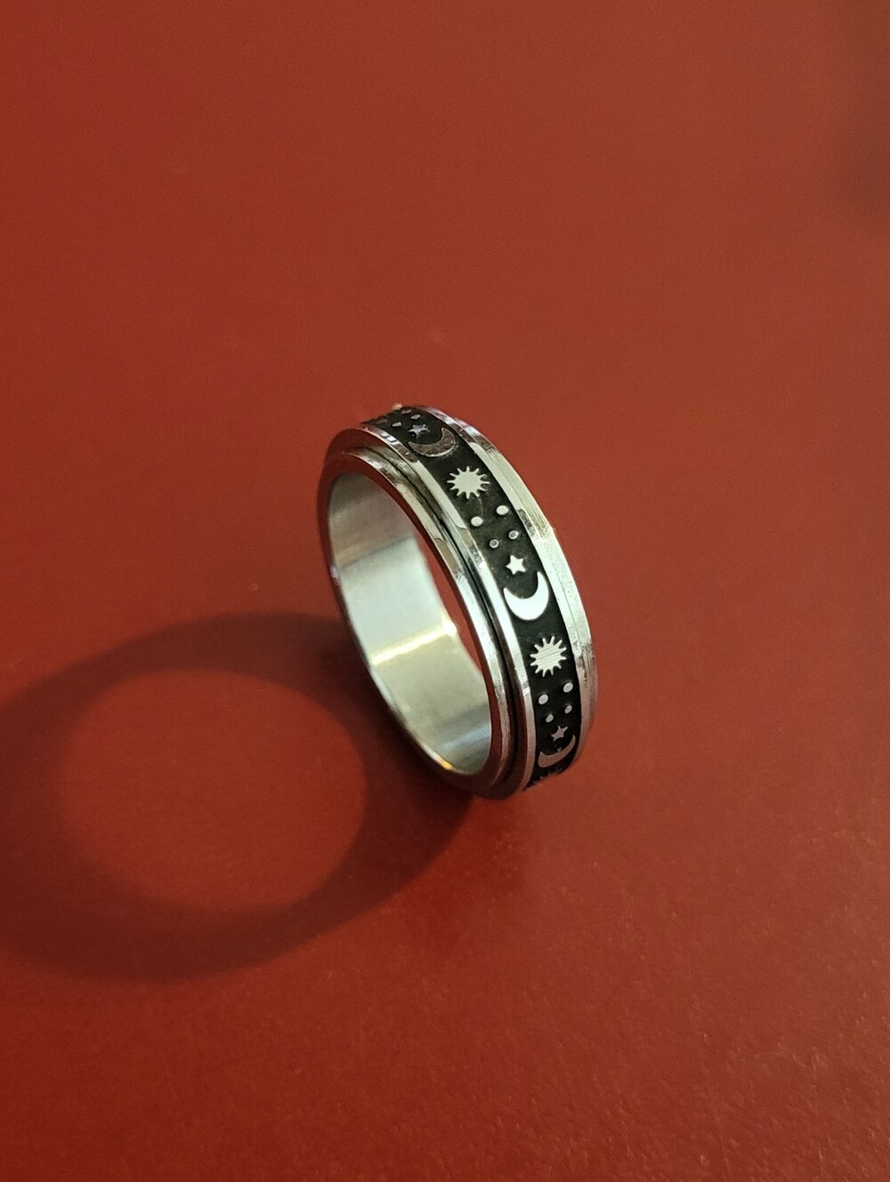 Celestial stainless steel spinner ring black and silver Tone band rotating sun 7